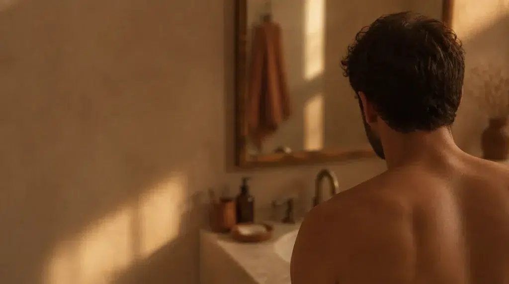 Homme de dos devant le miroir de sa salle de bain, lumière du matin