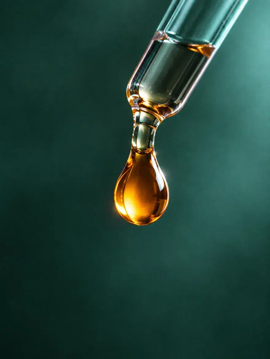 Goutte de sérum ambré au bout d'une pipette