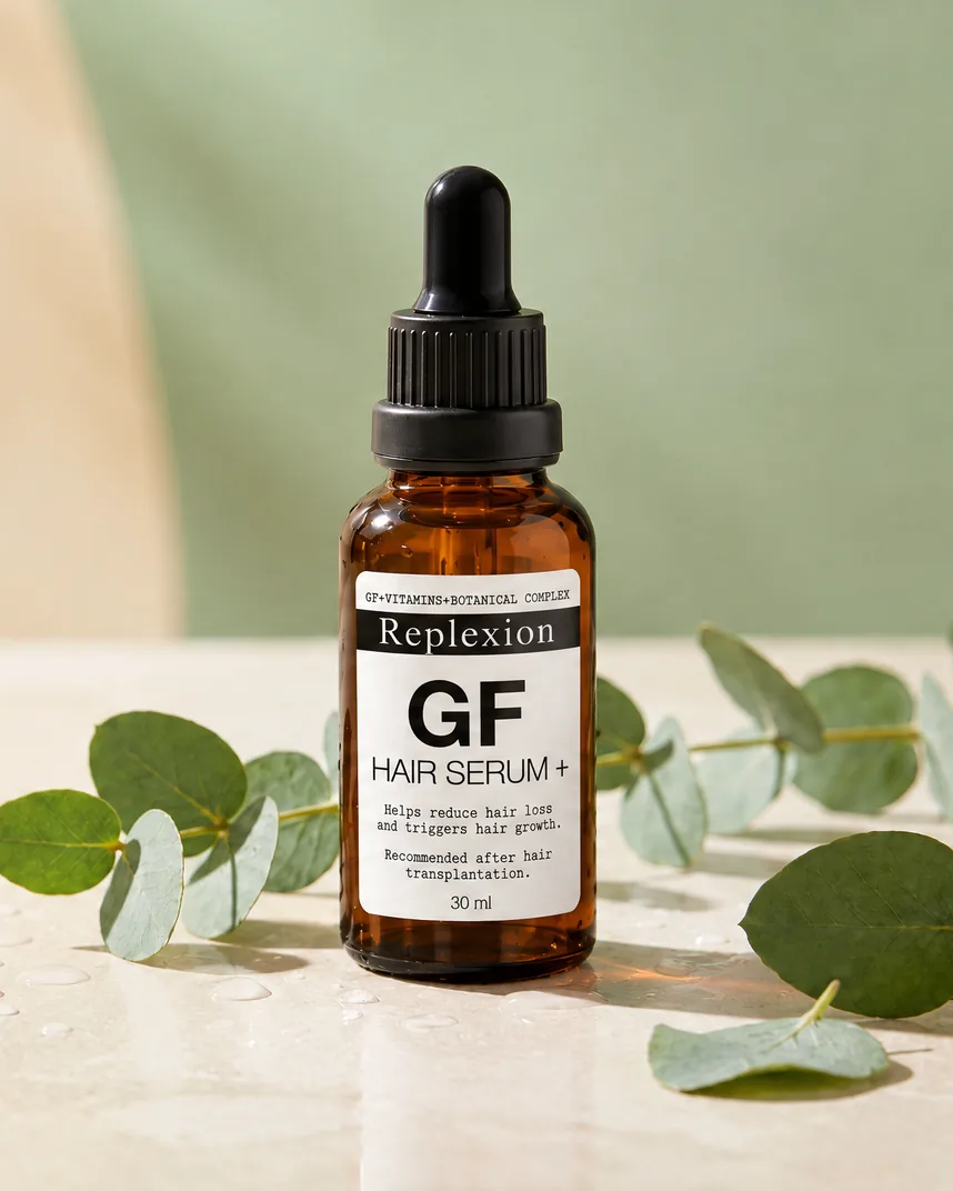 Sérum GrowthFactor posé sur du travertin, entre des branches d'eucalyptus