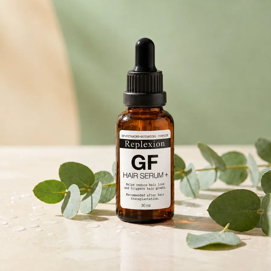 Flacon de Sérum GrowthFactor entre des branches d'eucalyptus