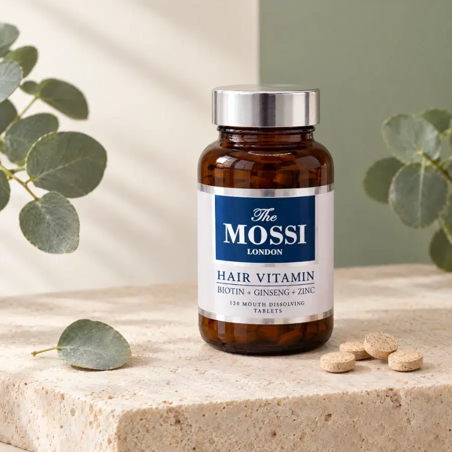 Biotine The Mossi, pot en verre ambré, sur dalle de travertin et branches d'eucalyptus
